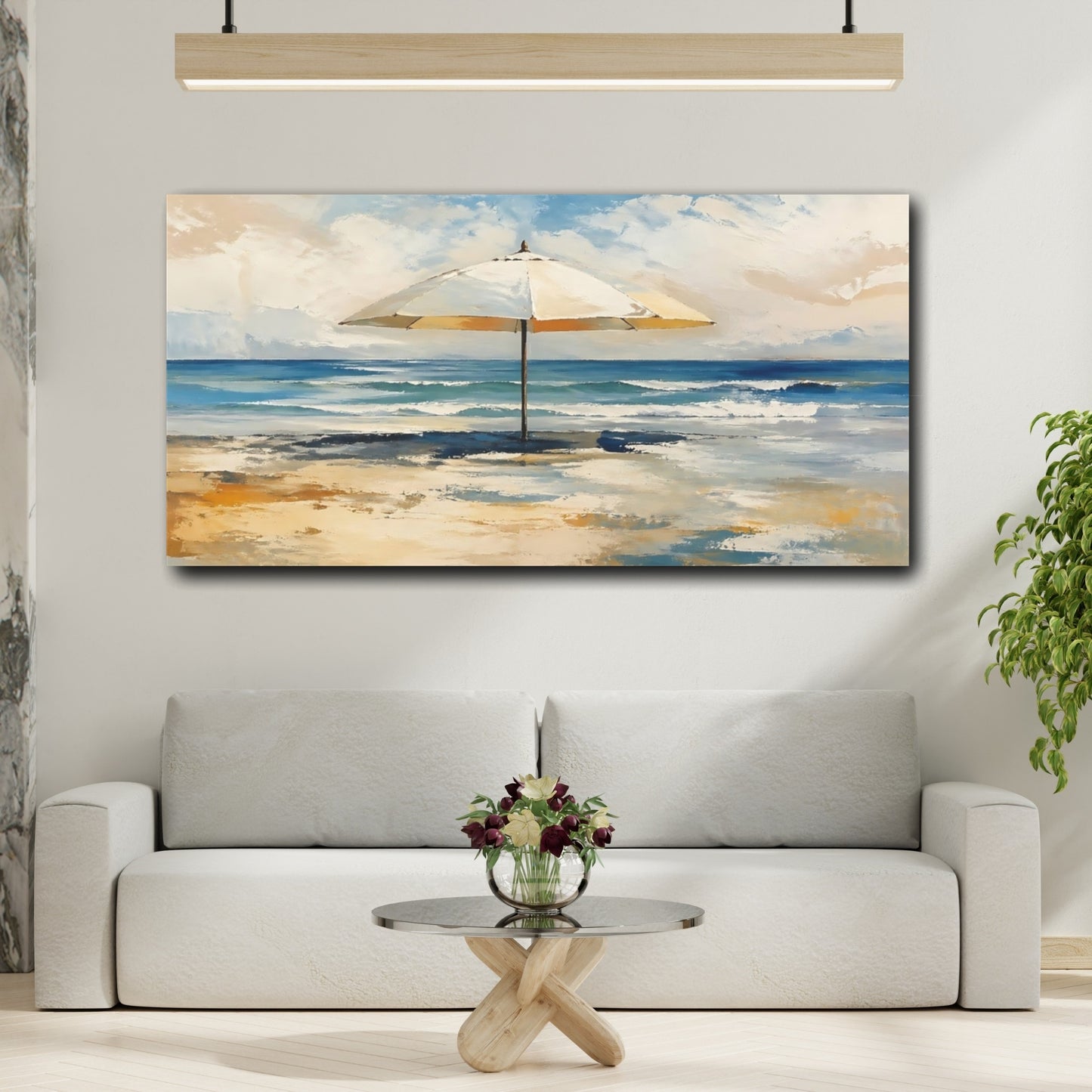 Mockup 3. Nature Beach Umbrella Blue And Yellow Beach shown as stretched canvas wall art