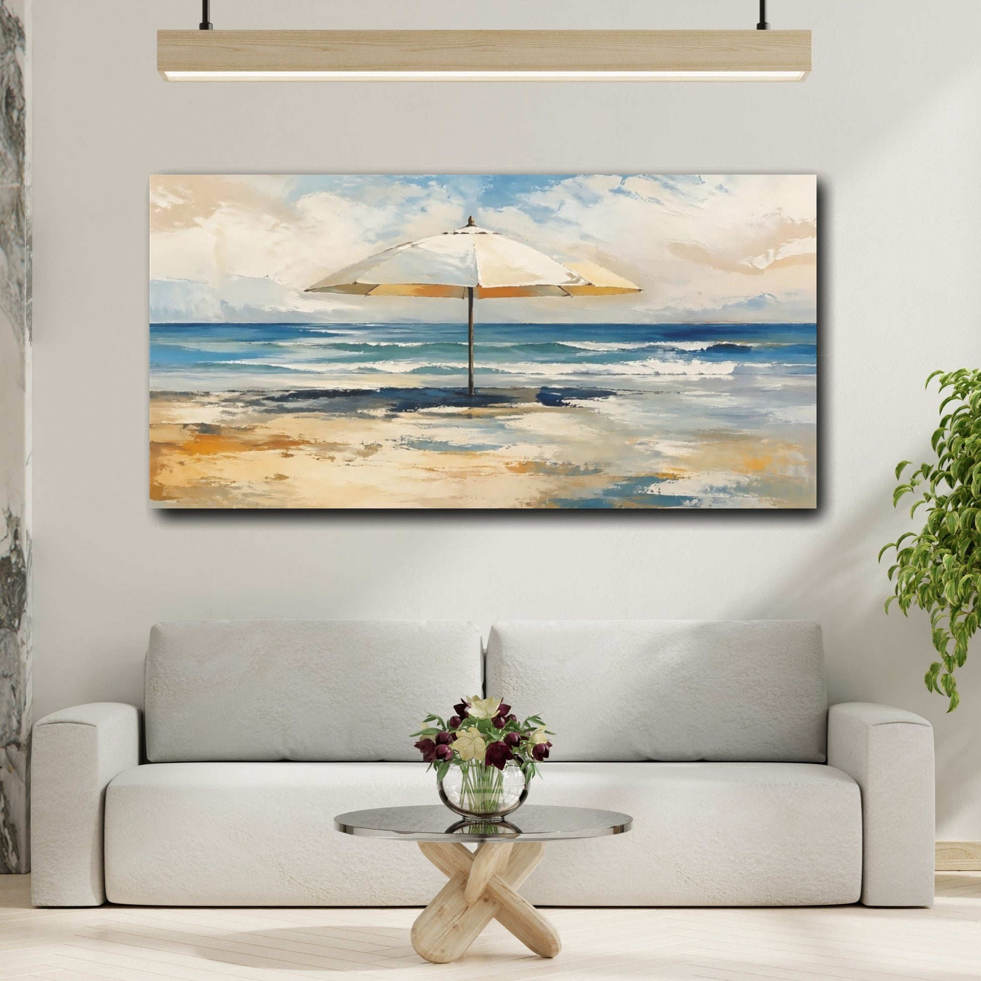 Mockup 3. Nature Beach Umbrella Blue And Yellow Beach shown as stretched canvas wall art