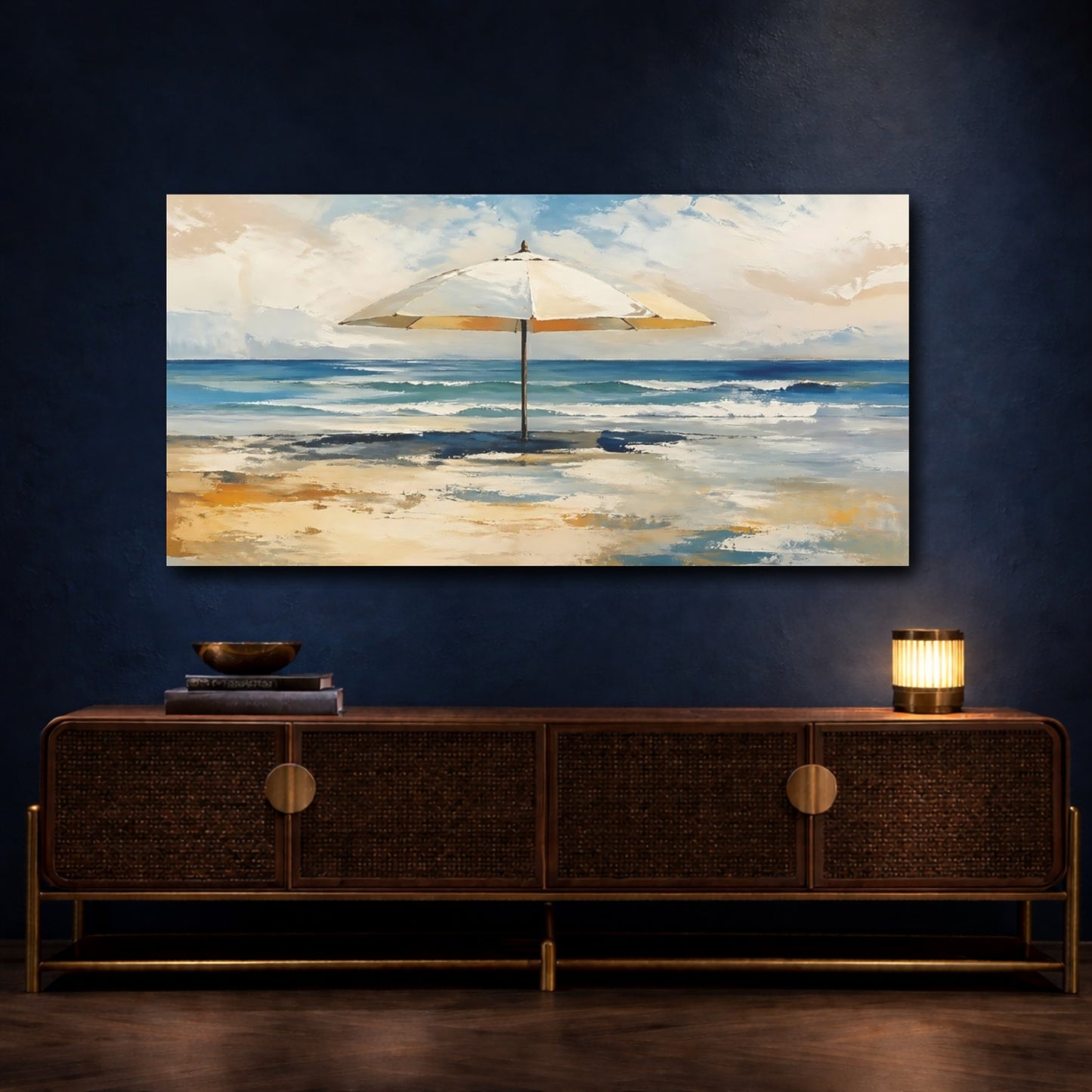 Mockup 4. Nature Beach Umbrella Blue And Yellow Beach shown as stretched canvas wall art