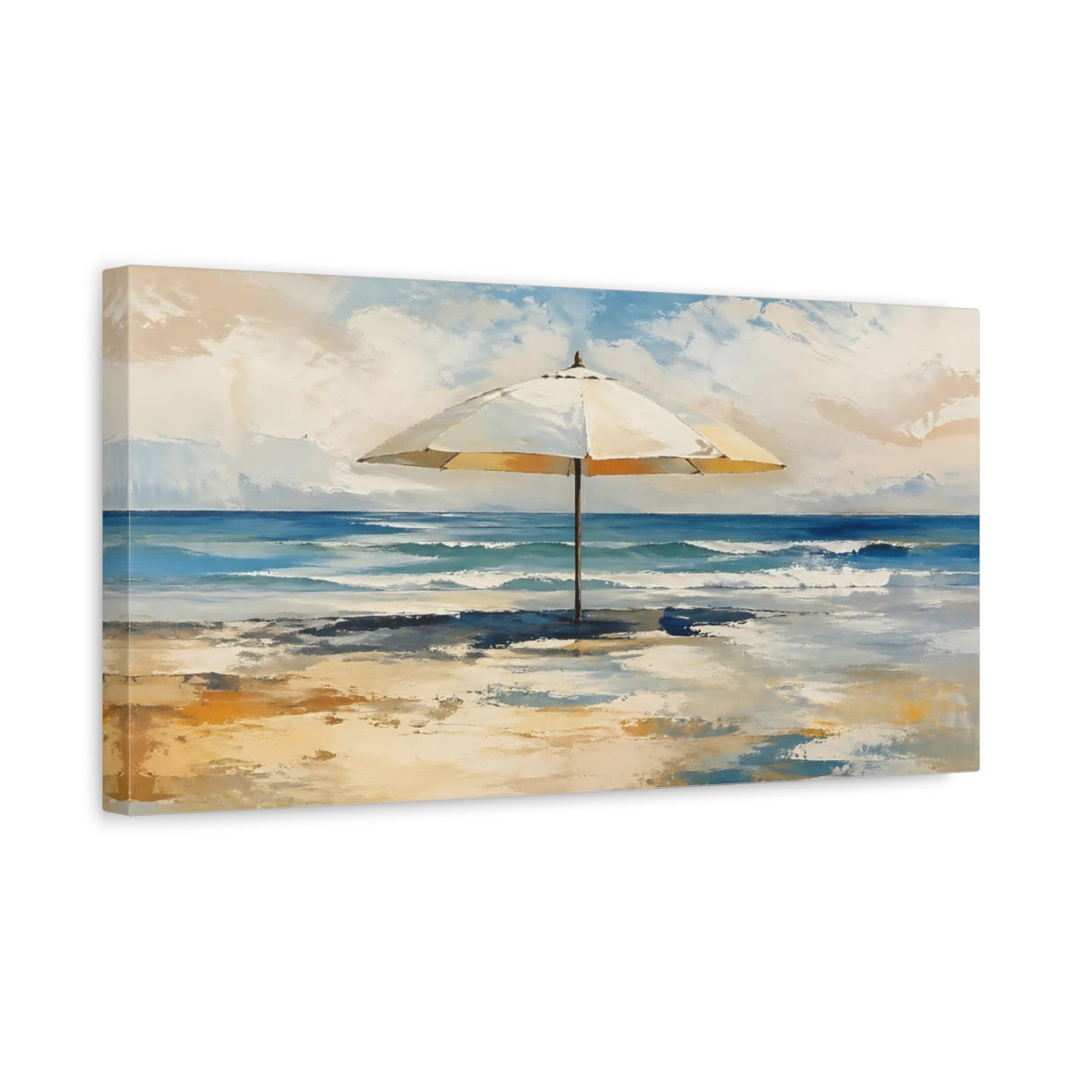 Side Mockup 3. Nature Beach Umbrella Blue And Yellow Beach shown as stretched canvas wall art