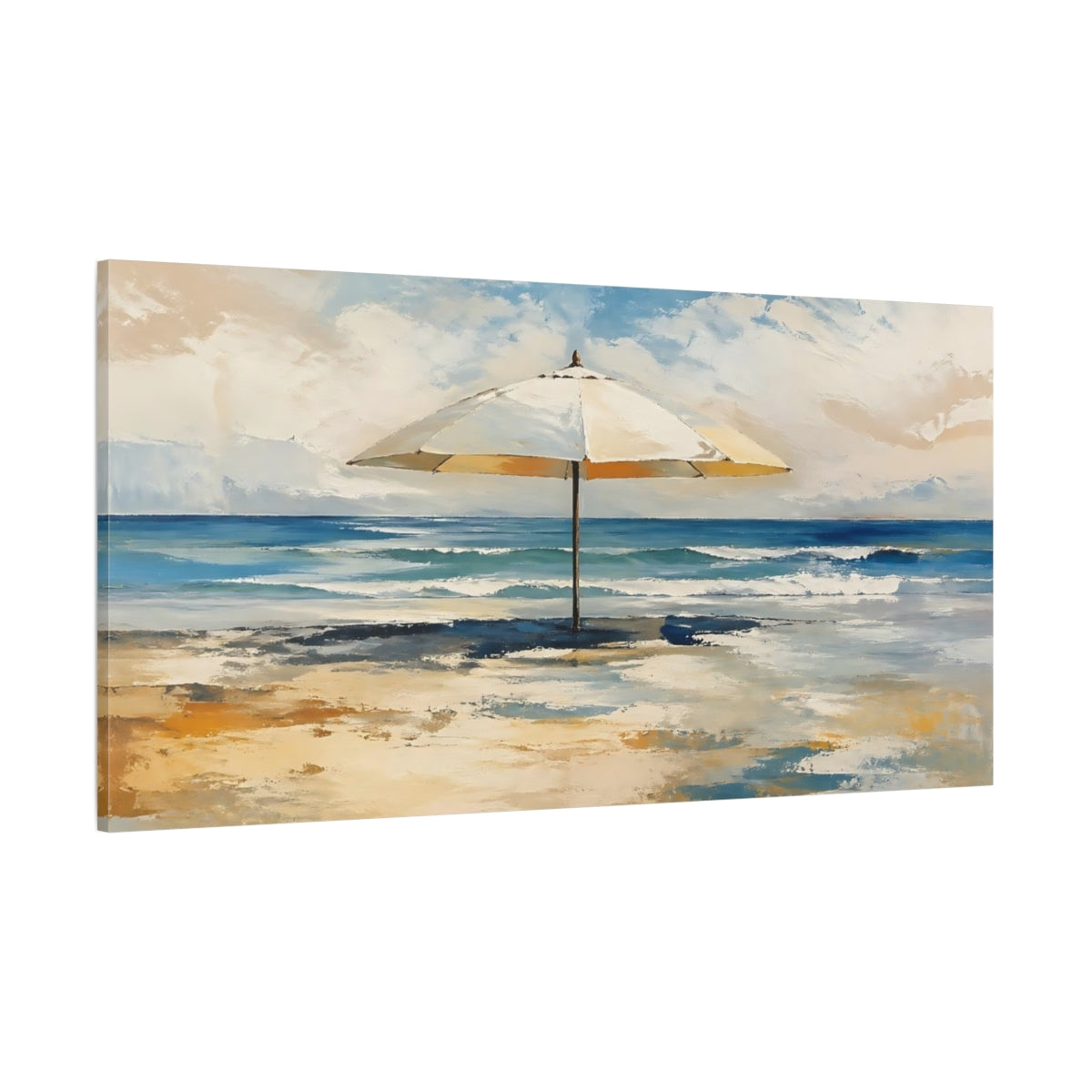 Side Mockup 2. Nature Beach Umbrella Blue And Yellow Beach shown as stretched canvas wall art