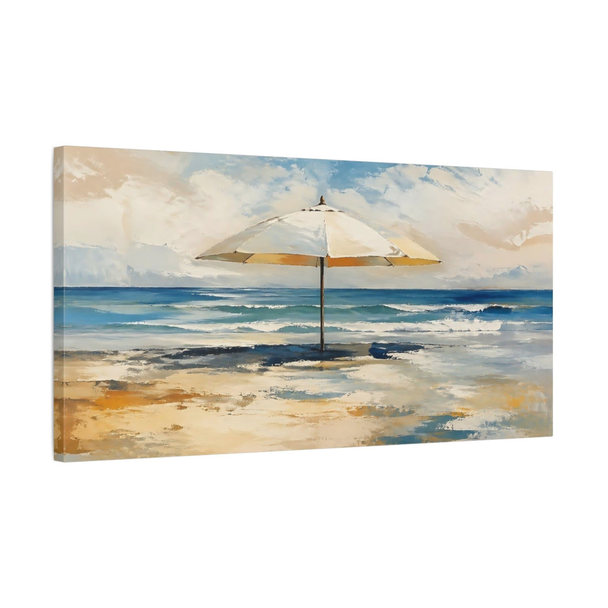 Side Mockup 1. Nature Beach Umbrella Blue And Yellow Beach shown as stretched canvas wall art