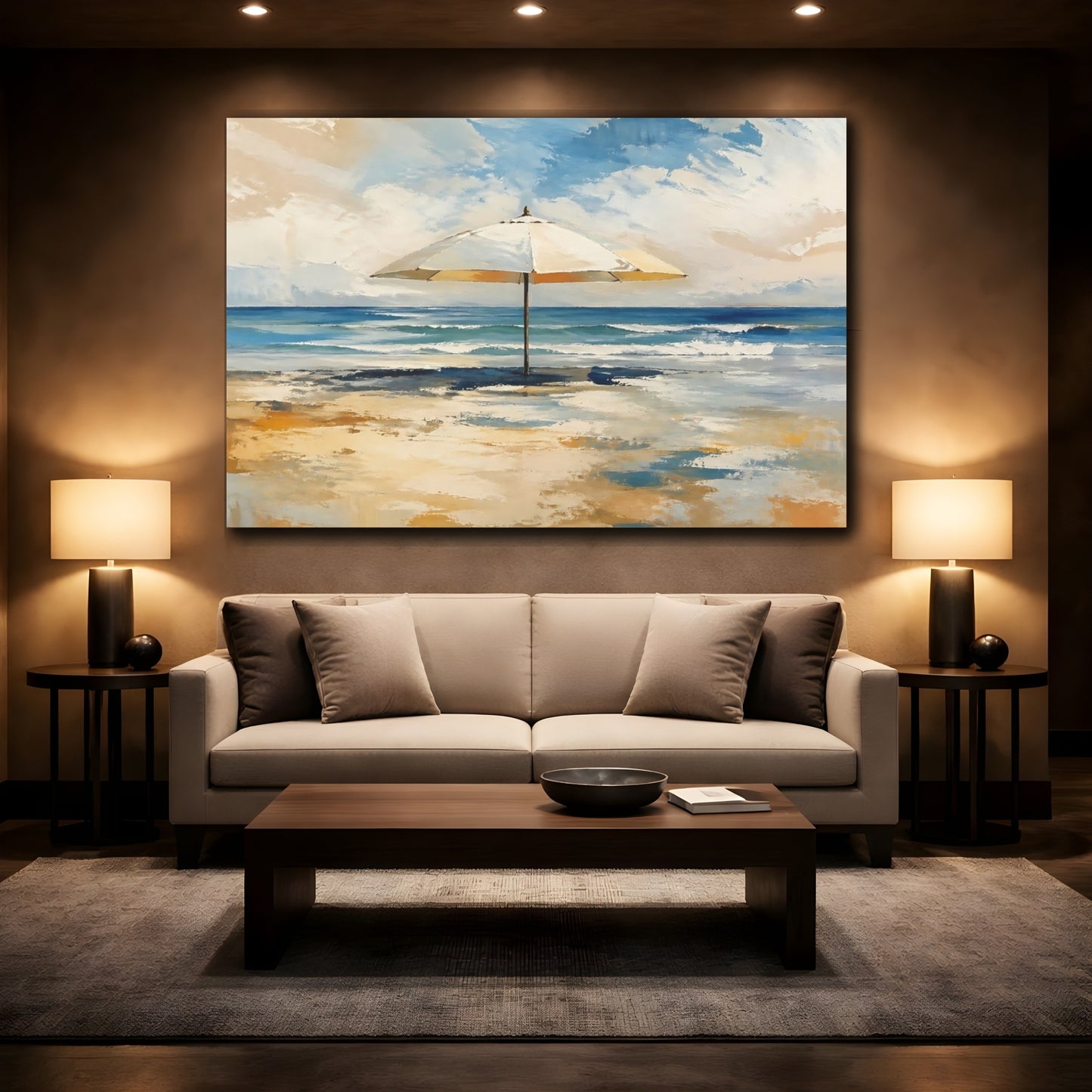 Mockup 2. Nature Beach Umbrella Blue Beach Umbrella shown as stretched canvas wall art