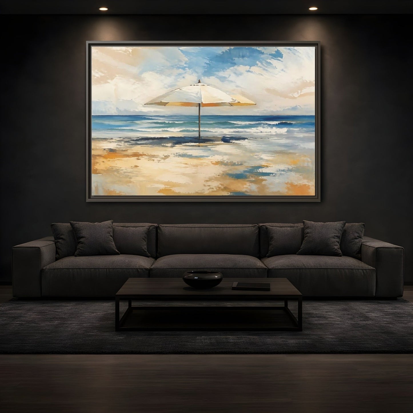 Nature Beach Umbrella Blue Framed Canvas Wall Art Print – impressionist Living Room, Above Fireplace - YesArtYes