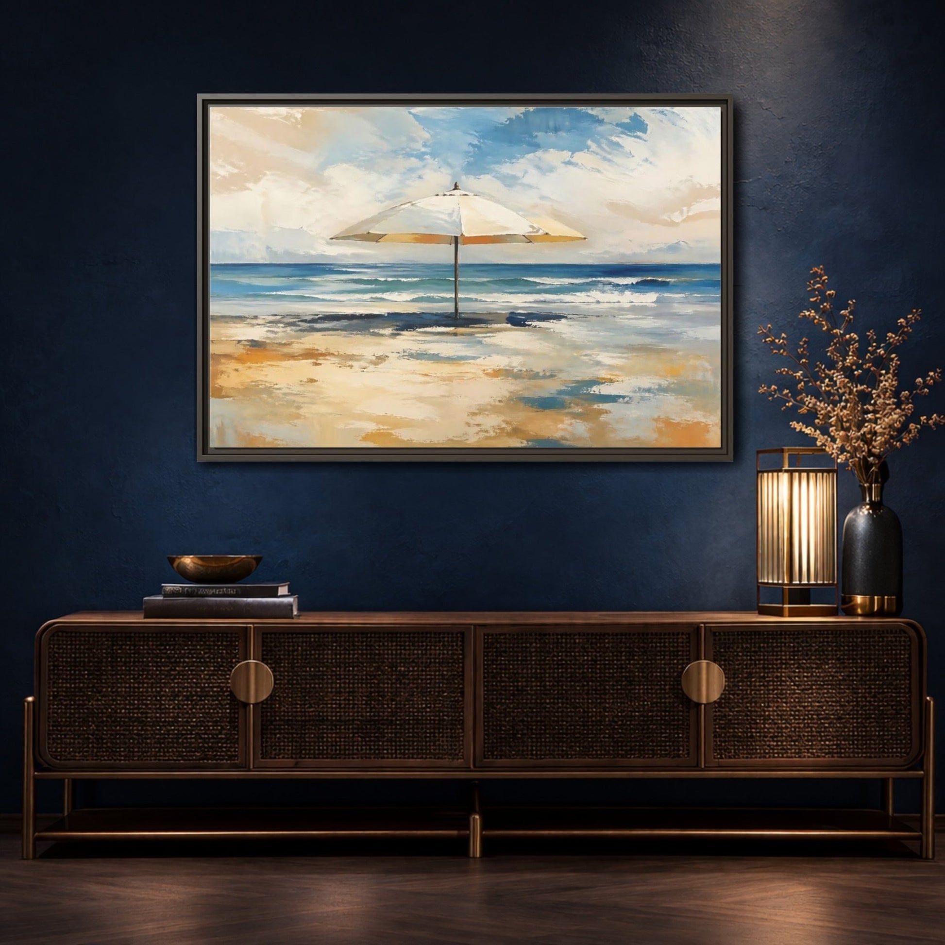 Nature Beach Umbrella Blue Framed Canvas Wall Art Print – impressionist Living Room, Above Fireplace - YesArtYes