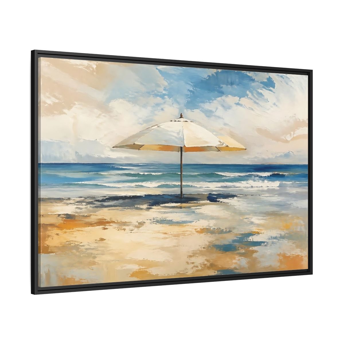 Nature Beach Umbrella Blue Framed Canvas Wall Art Print – impressionist Living Room, Above Fireplace - YesArtYes