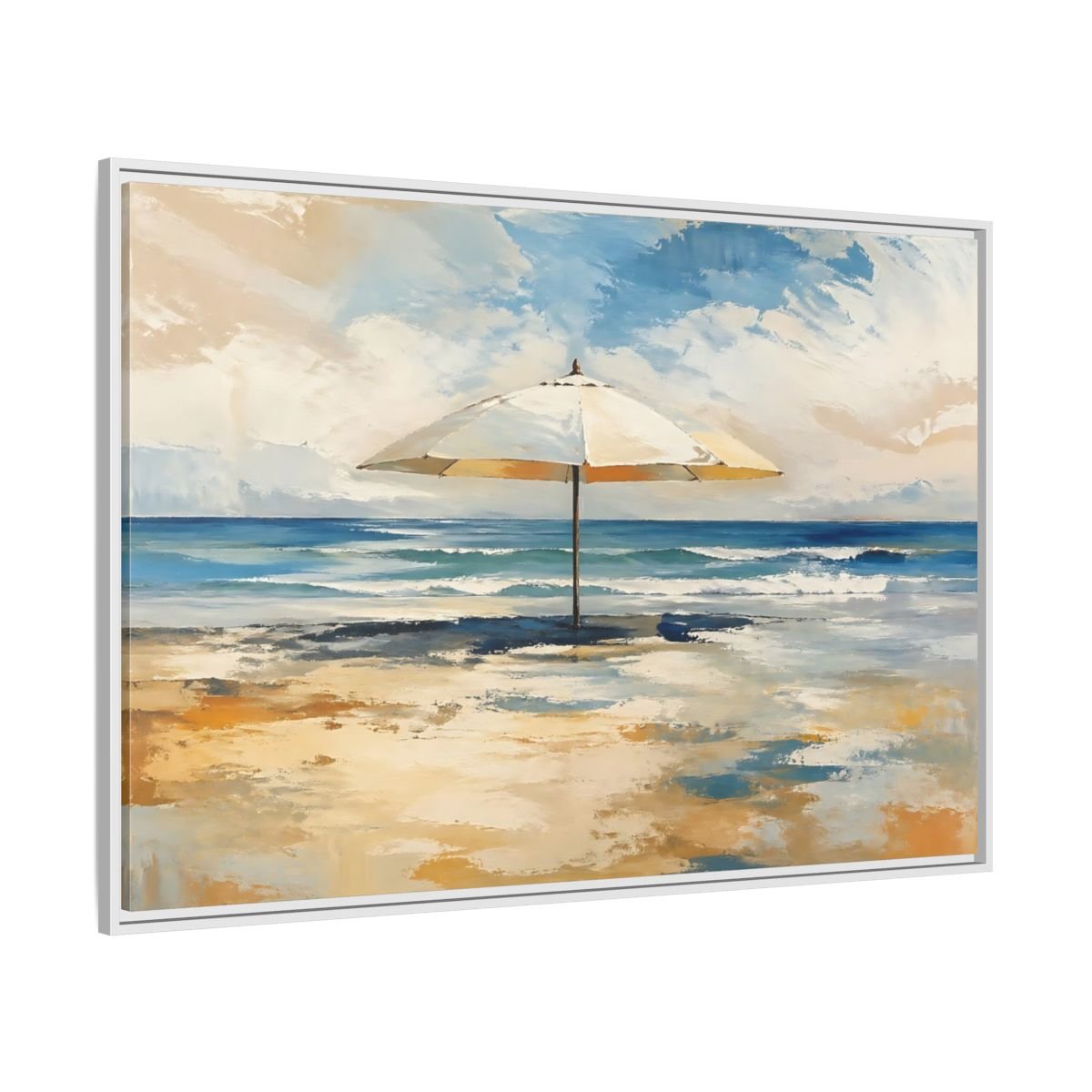 Nature Beach Umbrella Blue Framed Canvas Wall Art Print – impressionist Living Room, Above Fireplace - YesArtYes