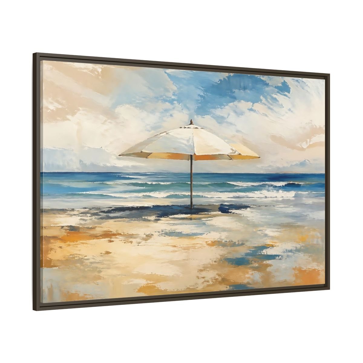 Nature Beach Umbrella Blue Framed Canvas Wall Art Print – impressionist Living Room, Above Fireplace - YesArtYes