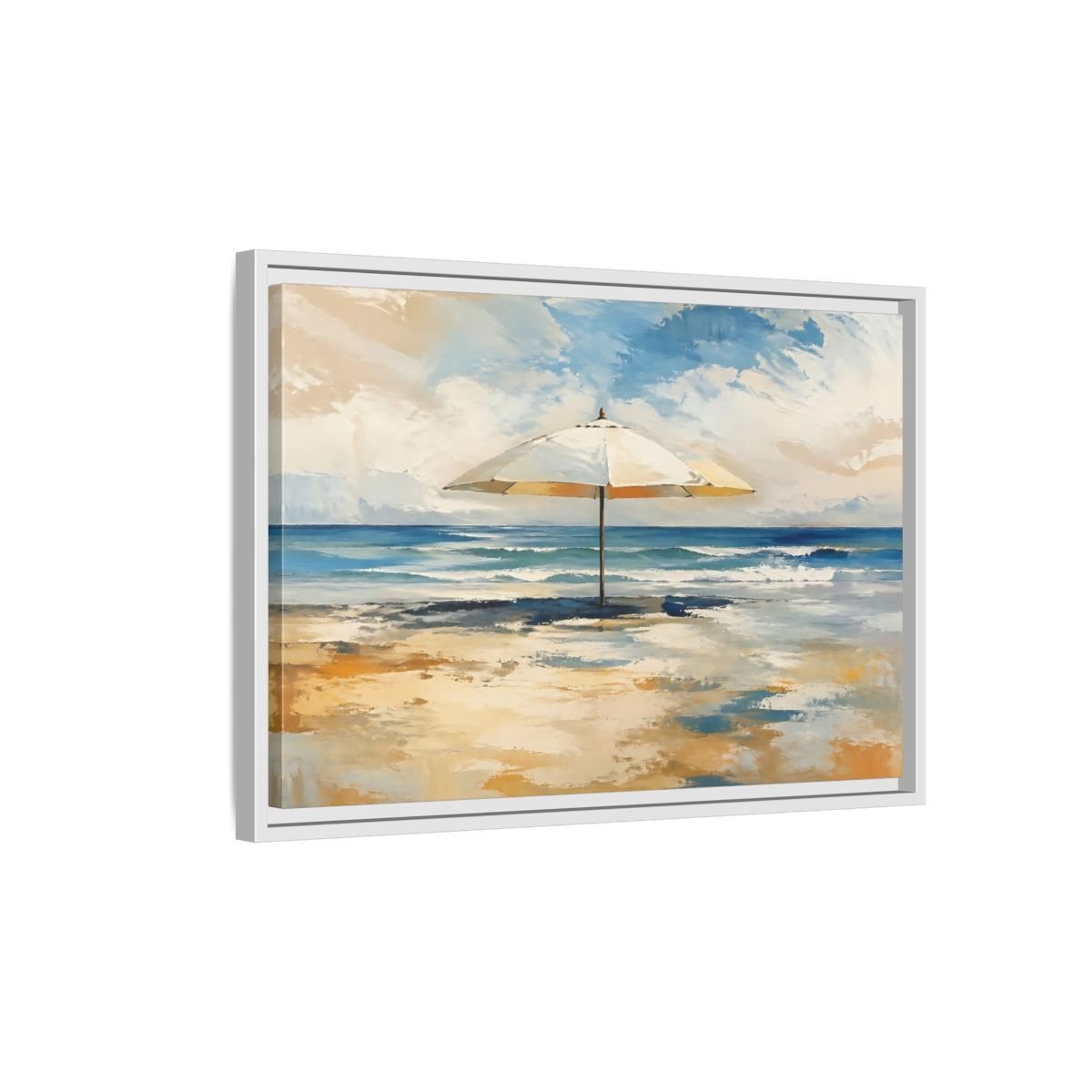 Nature Beach Umbrella Blue Framed Canvas Wall Art Print – impressionist Living Room, Above Fireplace - YesArtYes
