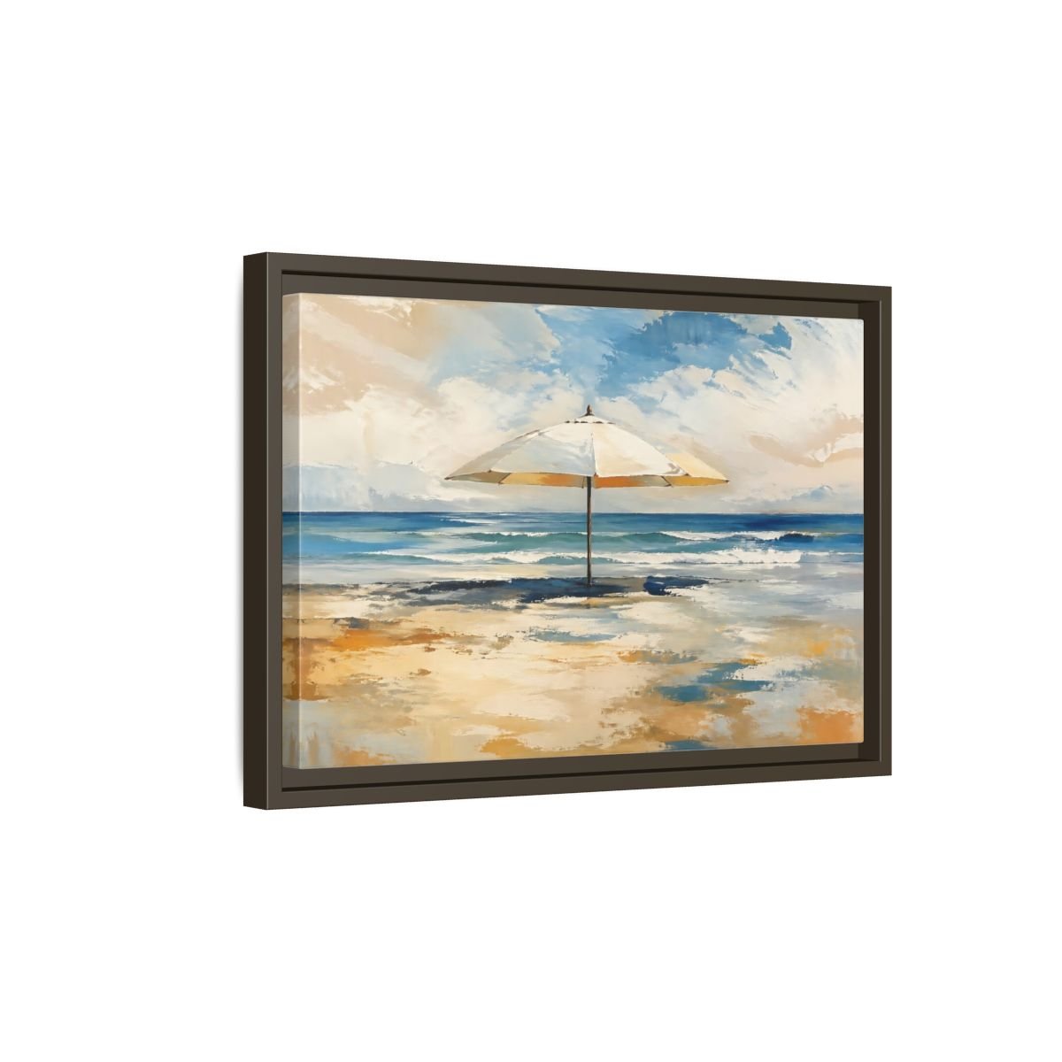 Nature Beach Umbrella Blue Framed Canvas Wall Art Print – impressionist Living Room, Above Fireplace - YesArtYes