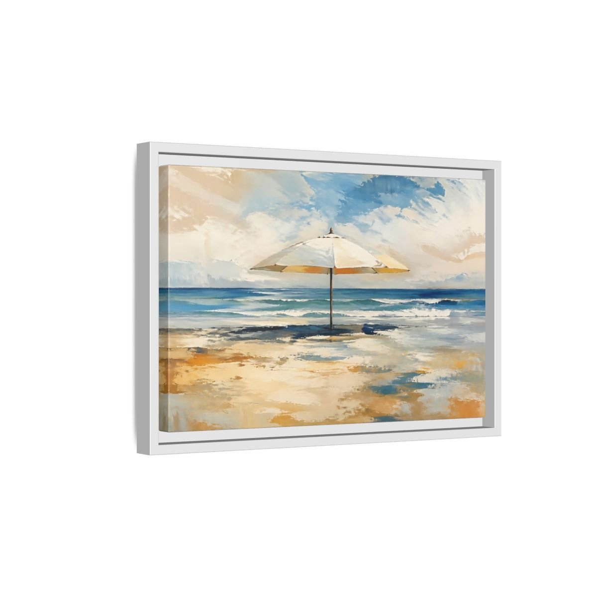 Nature Beach Umbrella Blue Framed Canvas Wall Art Print – impressionist Living Room, Above Fireplace - YesArtYes
