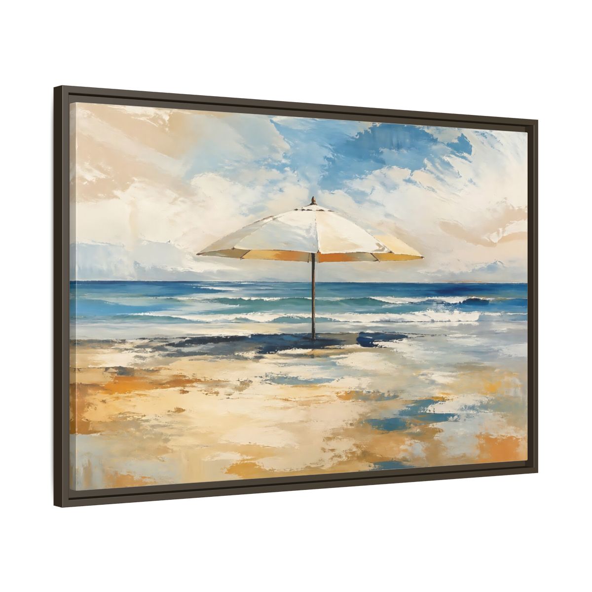 Nature Beach Umbrella Blue Framed Canvas Wall Art Print – impressionist Living Room, Above Fireplace - YesArtYes