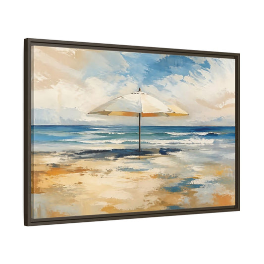 Nature Beach Umbrella Blue Framed Canvas Wall Art Print – impressionist Living Room, Above Fireplace - YesArtYes