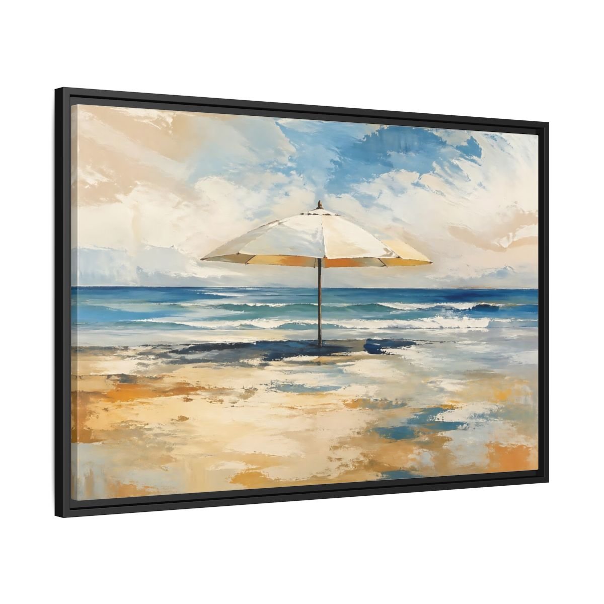 Nature Beach Umbrella Blue Framed Canvas Wall Art Print – impressionist Living Room, Above Fireplace - YesArtYes