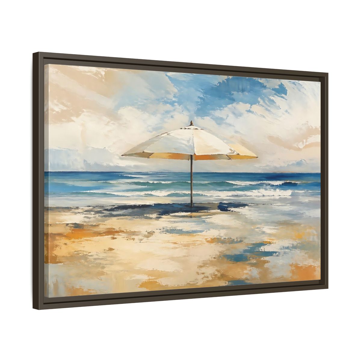Nature Beach Umbrella Blue Framed Canvas Wall Art Print – impressionist Living Room, Above Fireplace - YesArtYes