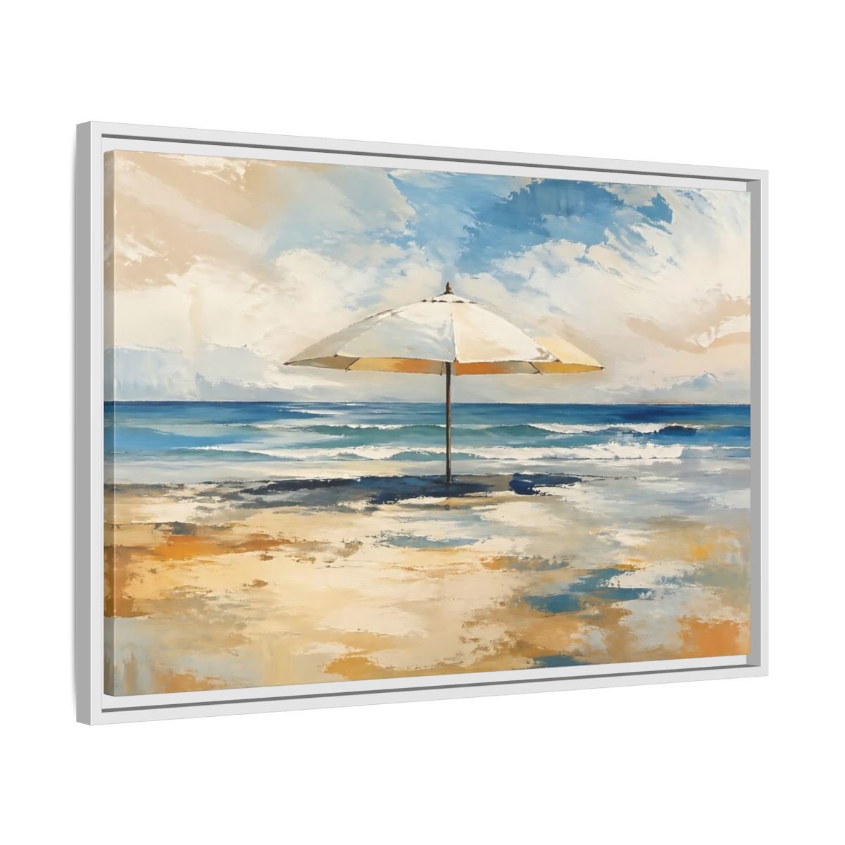 Nature Beach Umbrella Blue Framed Canvas Wall Art Print – impressionist Living Room, Above Fireplace - YesArtYes