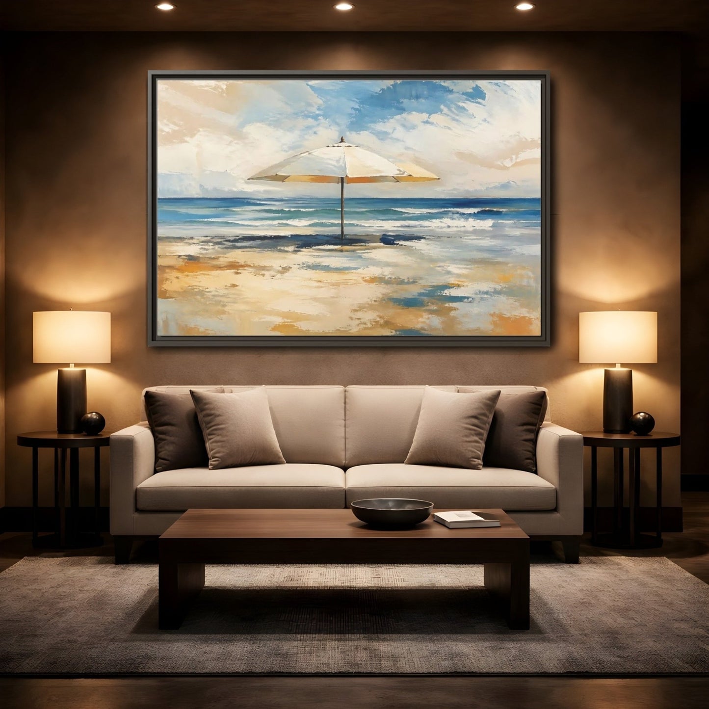 Nature Beach Umbrella Blue Framed Canvas Wall Art Print – impressionist Living Room, Above Fireplace - YesArtYes