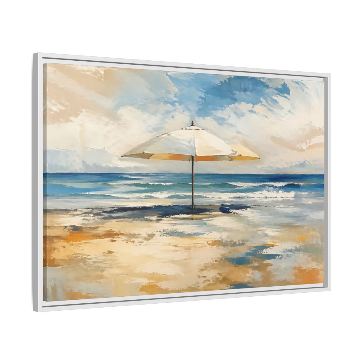 Nature Beach Umbrella Blue Framed Canvas Wall Art Print – impressionist Living Room, Above Fireplace - YesArtYes
