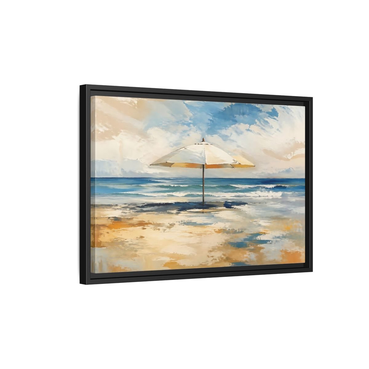 Nature Beach Umbrella Blue Framed Canvas Wall Art Print – impressionist Living Room, Above Fireplace - YesArtYes