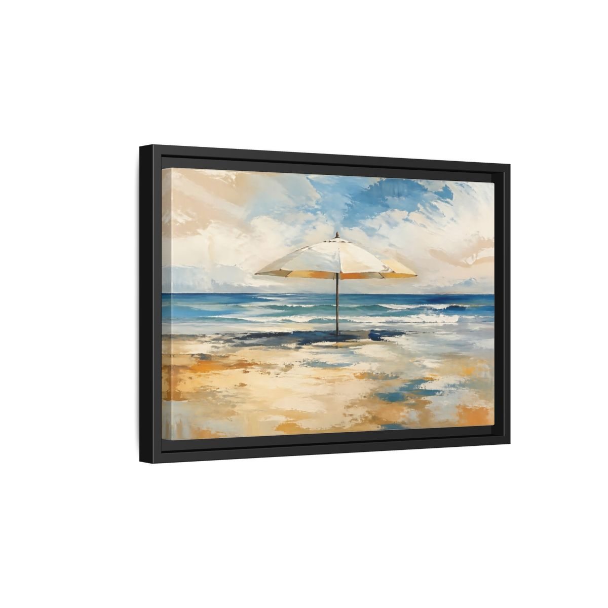 Nature Beach Umbrella Blue Framed Canvas Wall Art Print – impressionist Living Room, Above Fireplace - YesArtYes