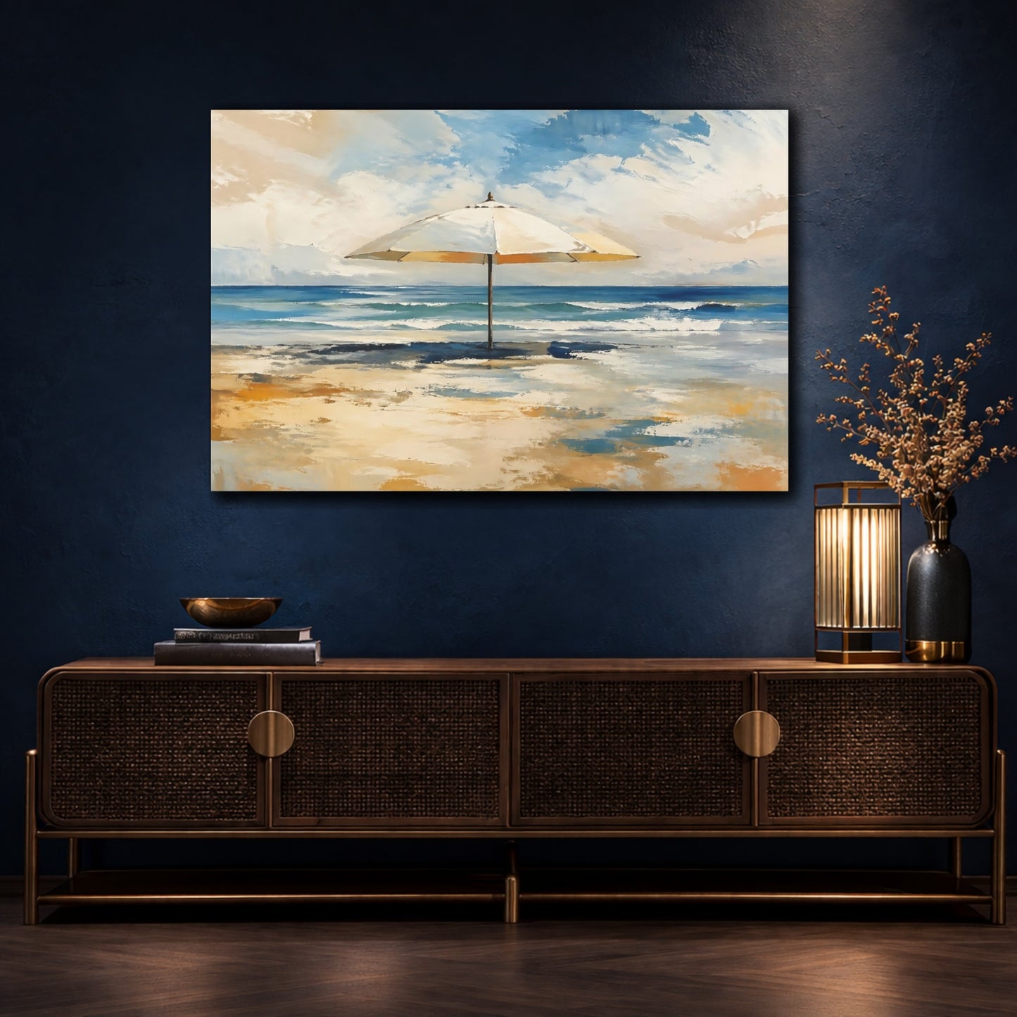 Mockup 4. Nature Beach Umbrella Coastal Beach Art shown as stretched canvas wall art