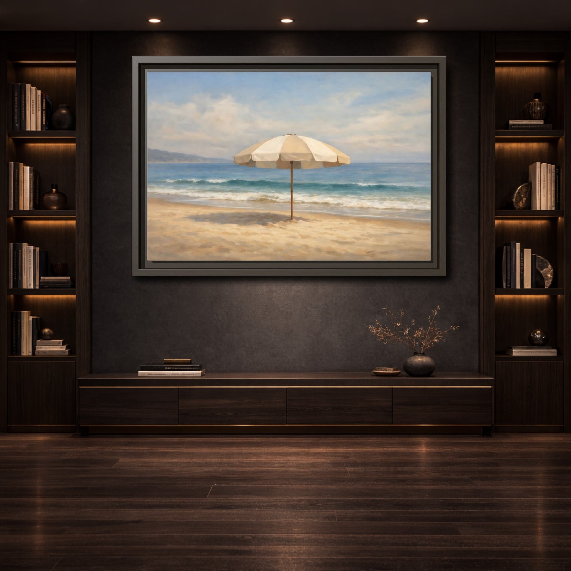 Mockup 3. Nature Beach Umbrella Coastal Beach shown as stretched canvas wall art