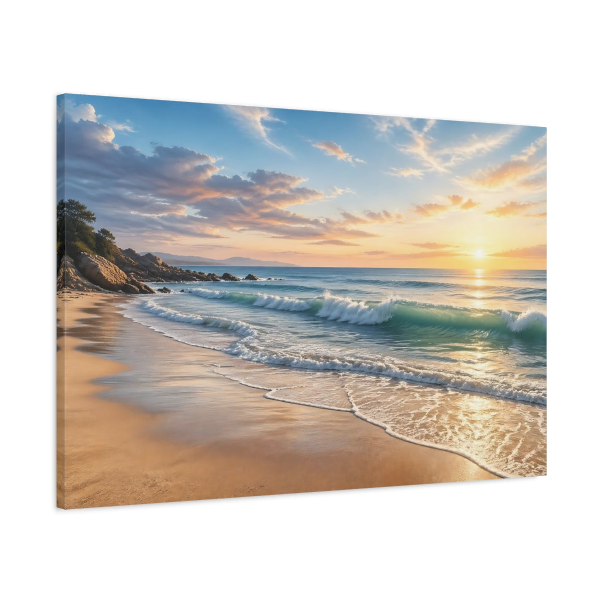 Main Mockup. Nature Beach Waves Warm Beach Sunset shown as stretched canvas wall art
