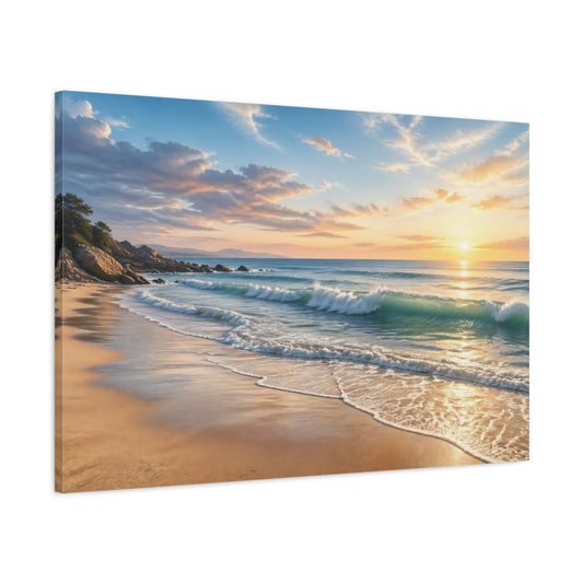 Main Mockup. Nature Beach Waves Warm Beach Sunset shown as stretched canvas wall art