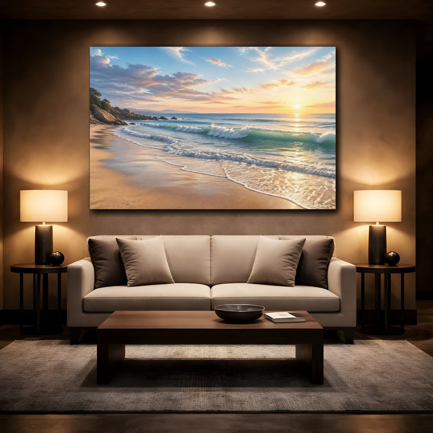 Mockup 2. Nature Beach Waves Warm Beach Sunset shown as stretched canvas wall art