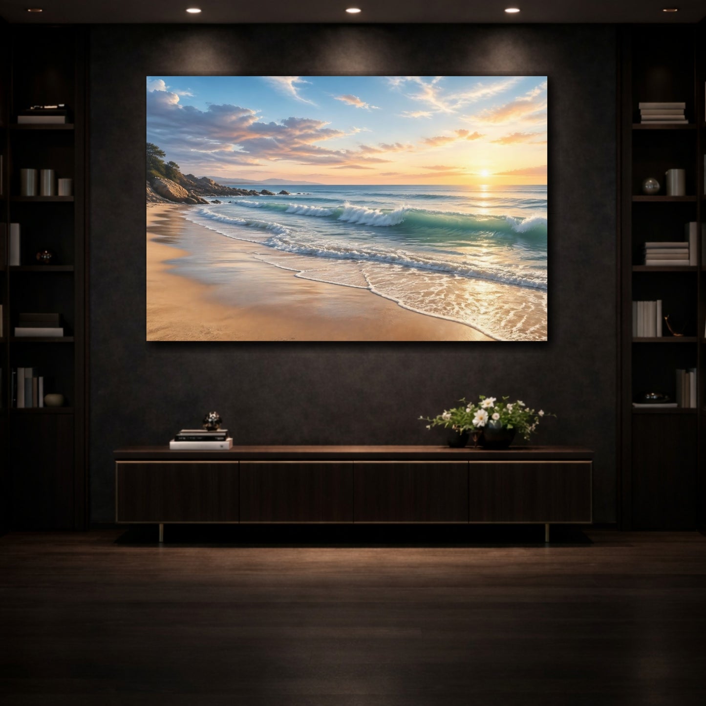 Mockup 3. Nature Beach Waves Warm Beach Sunset shown as stretched canvas wall art