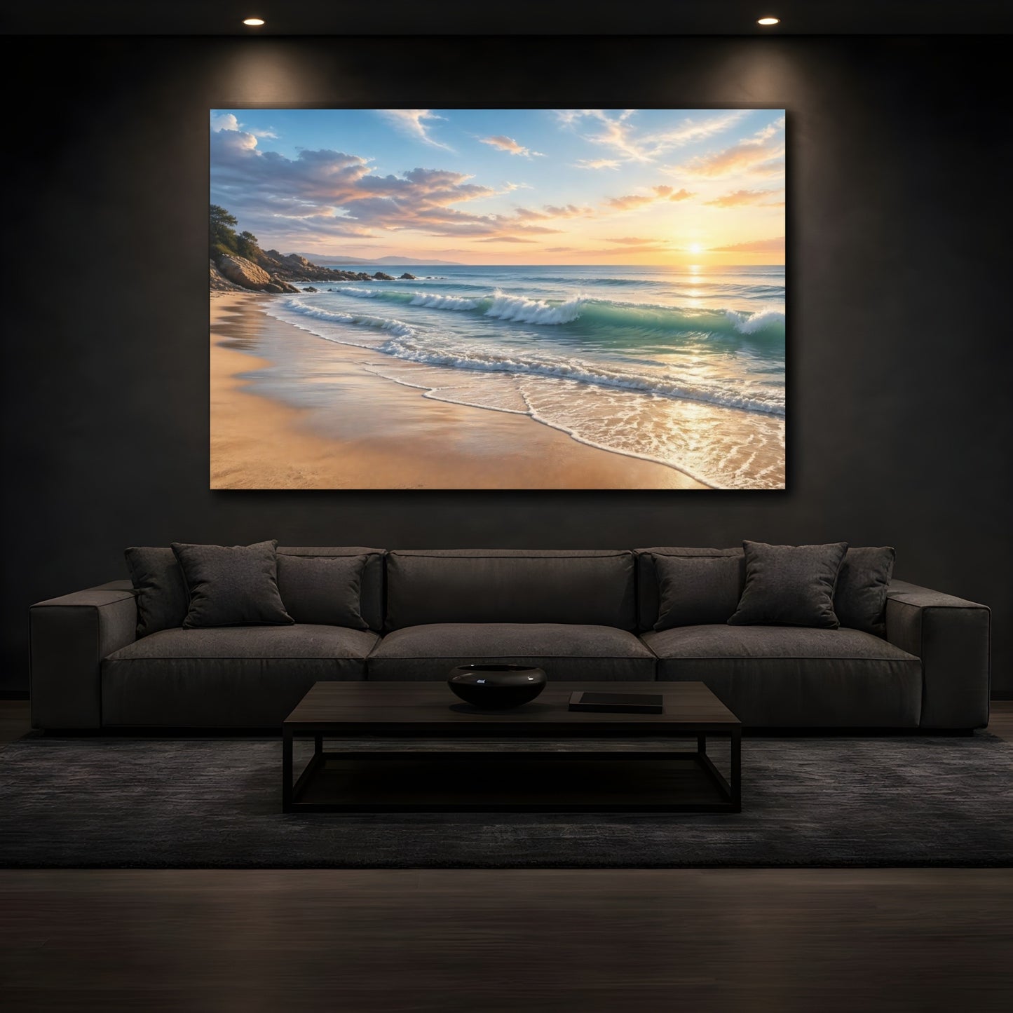 Mockup 4. Nature Beach Waves Warm Beach Sunset shown as stretched canvas wall art