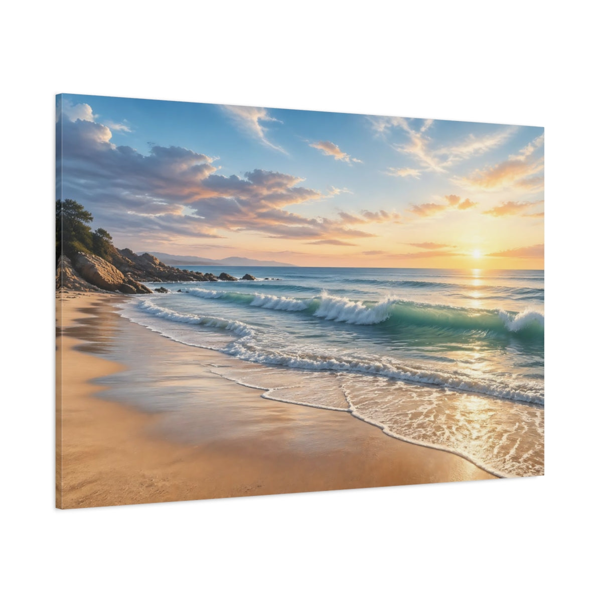 Side Mockup 1. Nature Beach Waves Warm Beach Sunset shown as stretched canvas wall art