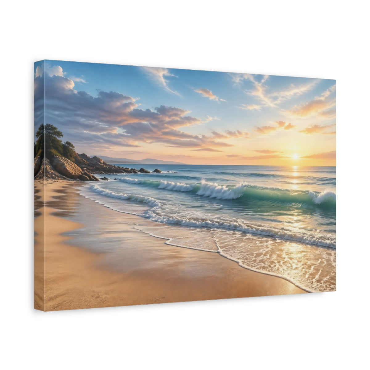 Side Mockup 4. Nature Beach Waves Warm Beach Sunset shown as stretched canvas wall art