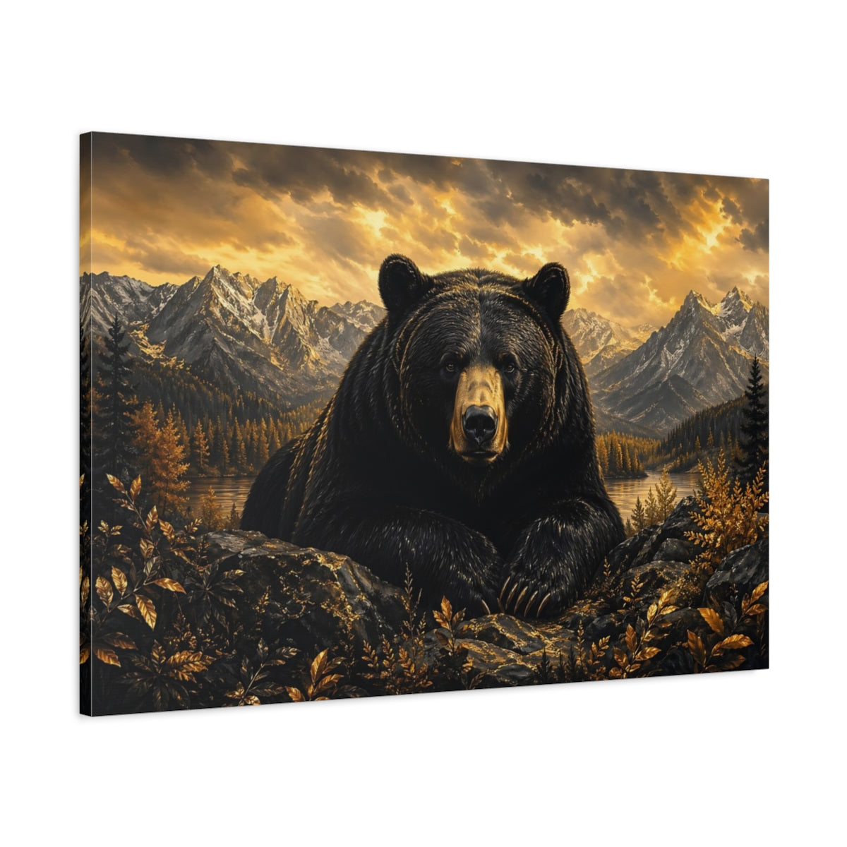 Main Mockup. Nature Bear Black And Gold shown as stretched canvas wall art