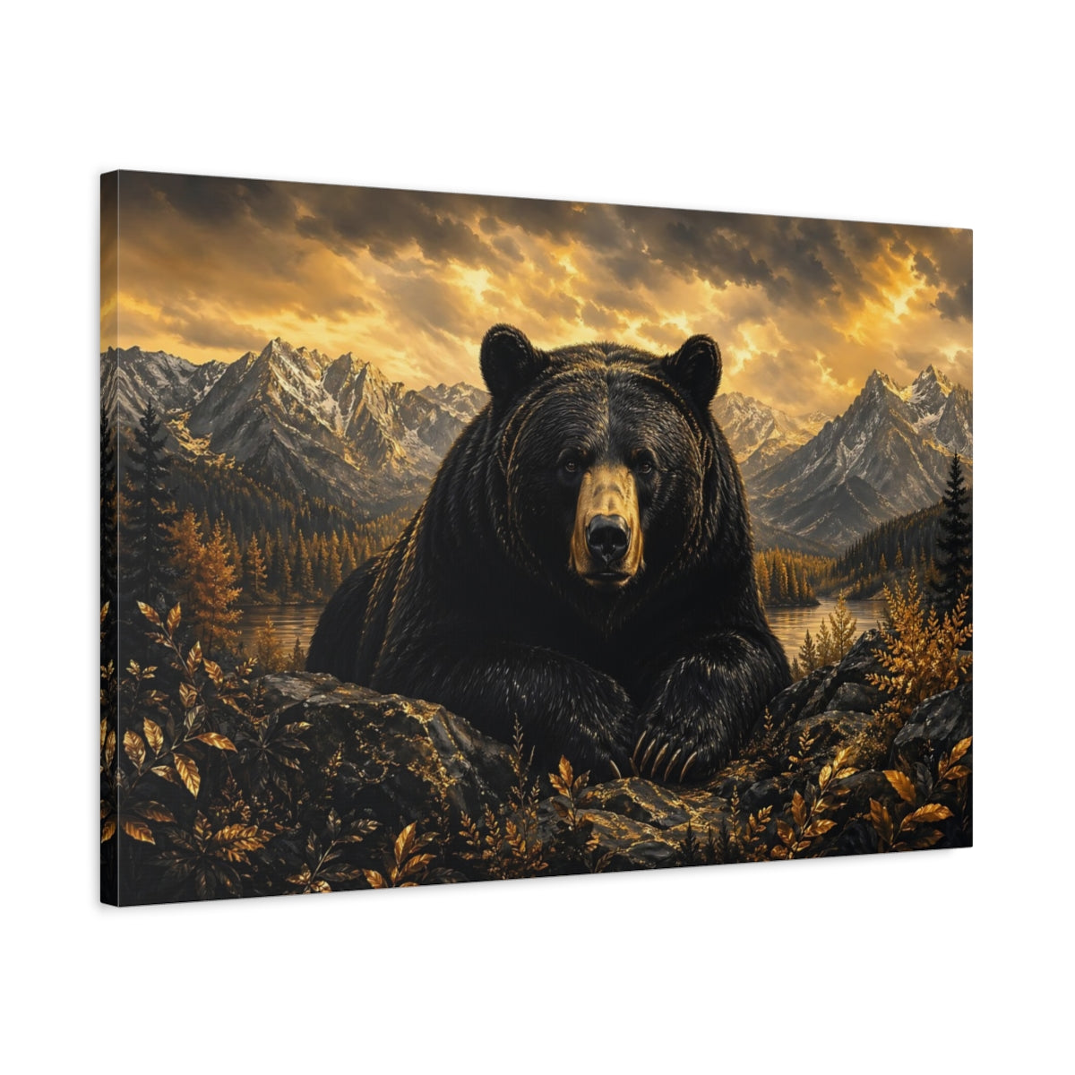 Side Mockup 2. Nature Bear Black And Gold shown as stretched canvas wall art