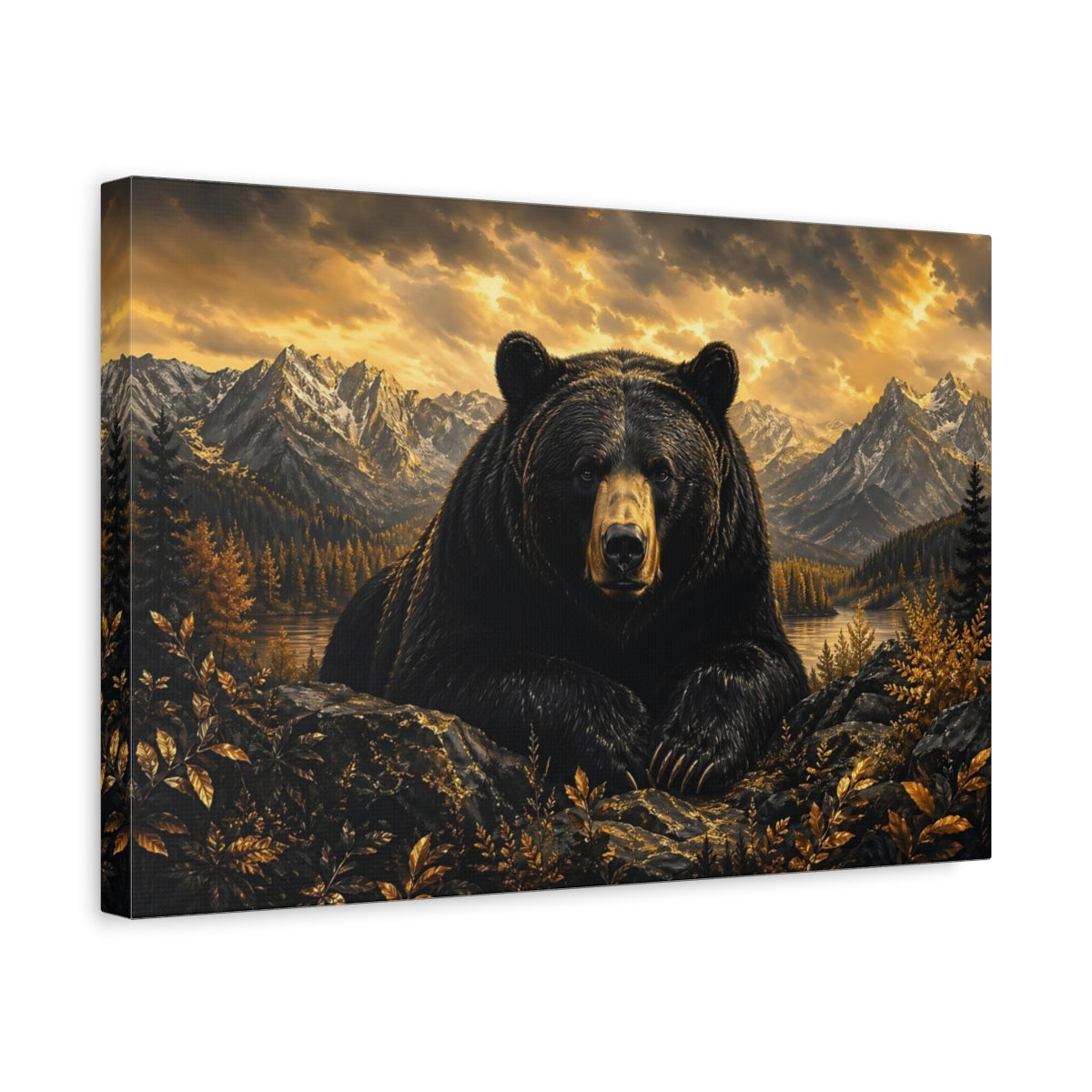 Side Mockup 4. Nature Bear Black And Gold shown as stretched canvas wall art