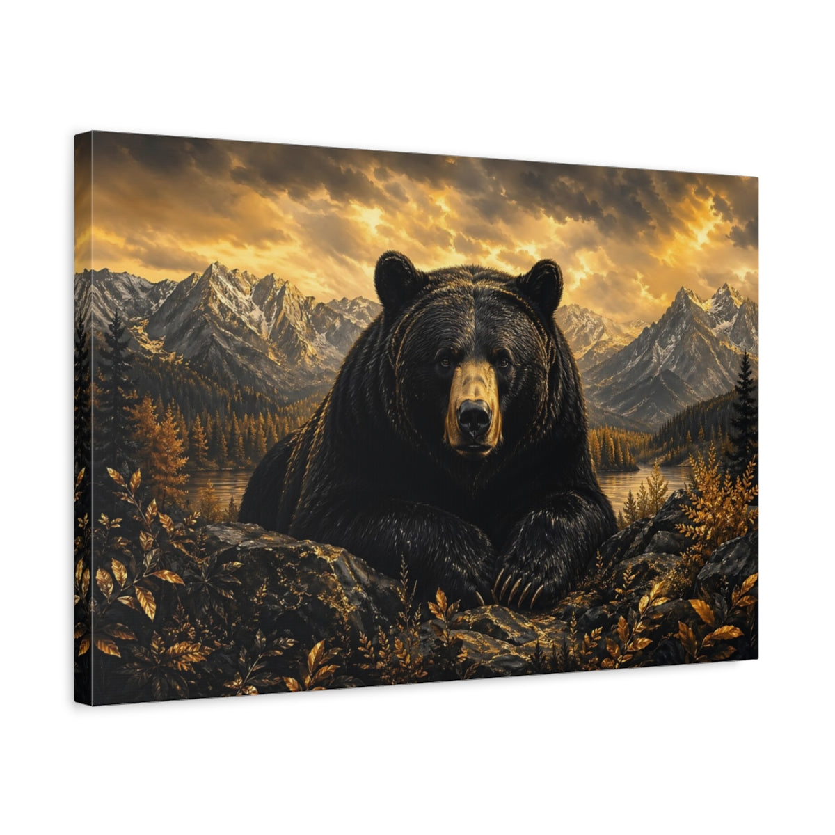 Side Mockup 3. Nature Bear Black And Gold shown as stretched canvas wall art