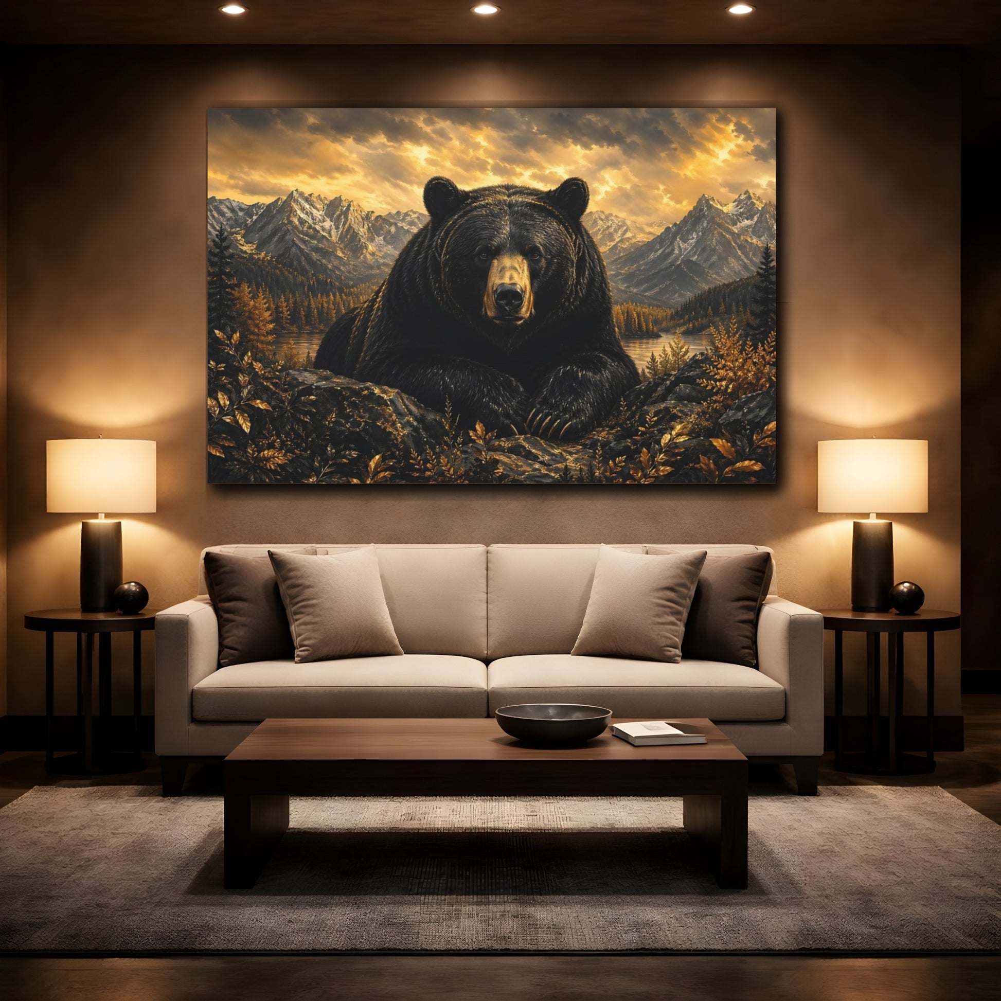 Mockup 2. Nature Bear Black And Gold shown as stretched canvas wall art