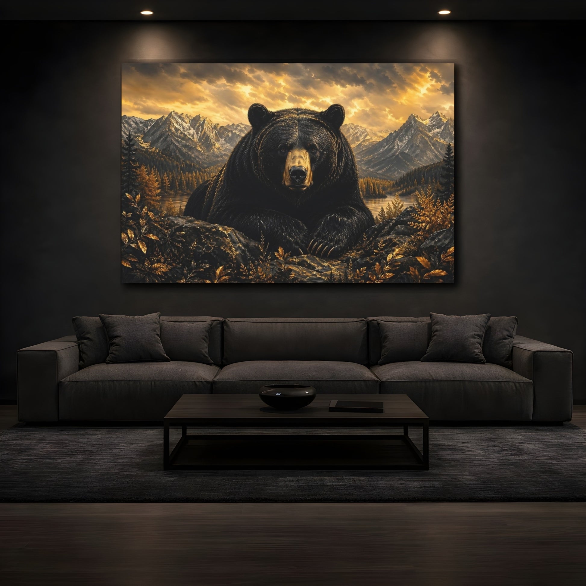 Mockup 3. Nature Bear Black And Gold shown as stretched canvas wall art