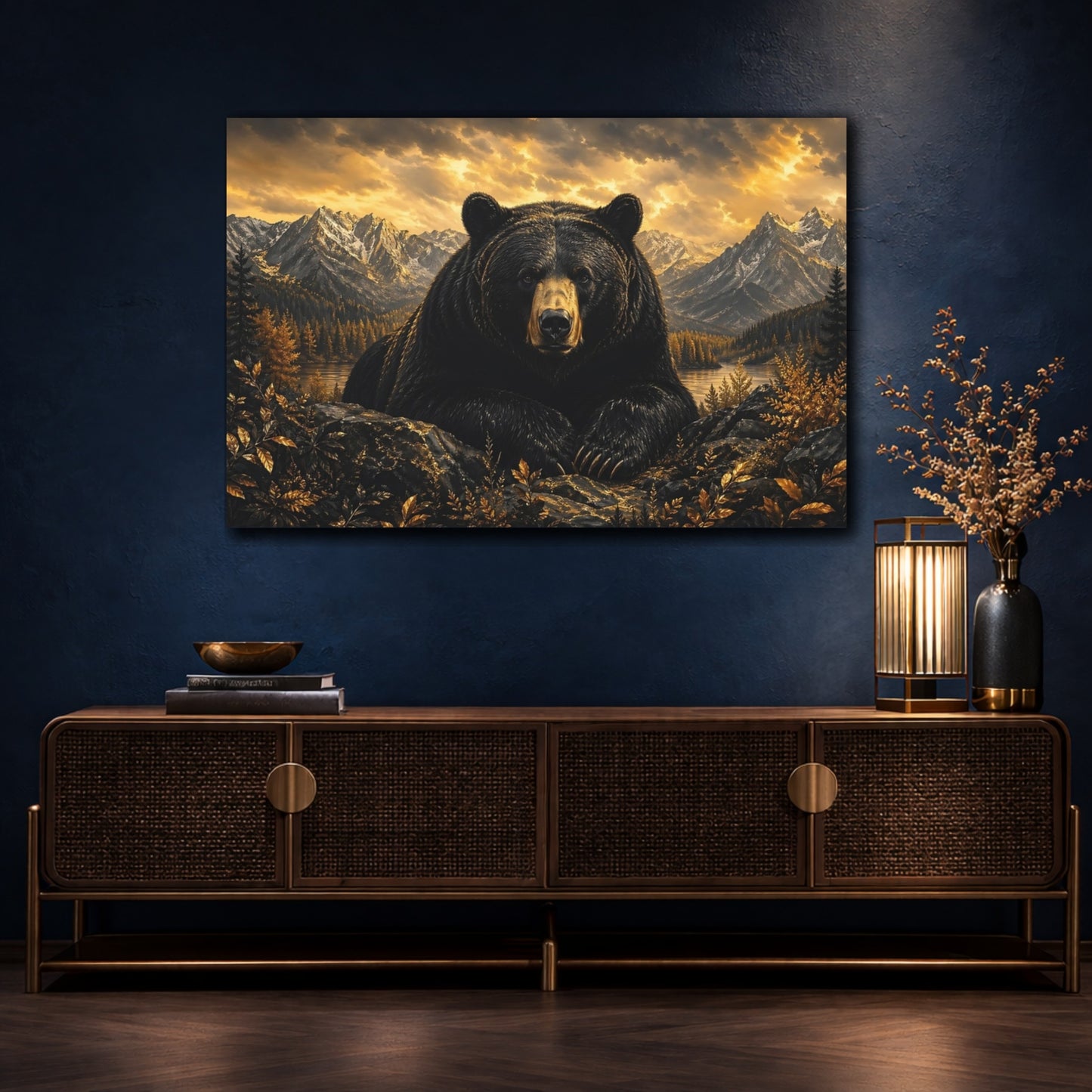 Mockup 4. Nature Bear Black And Gold shown as stretched canvas wall art