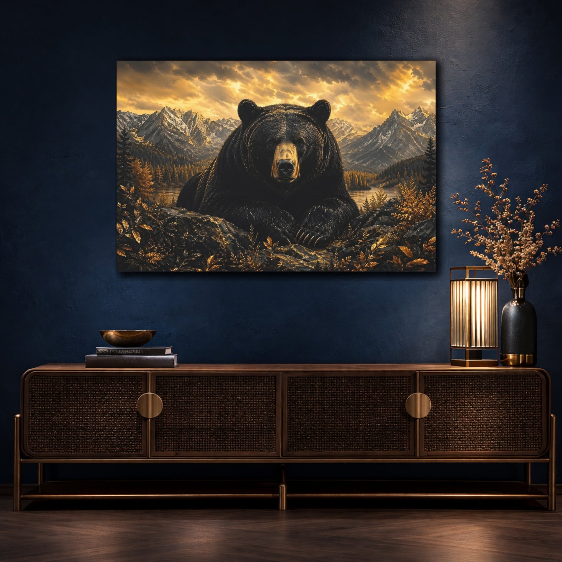 Mockup 4. Nature Bear Black And Gold shown as stretched canvas wall art