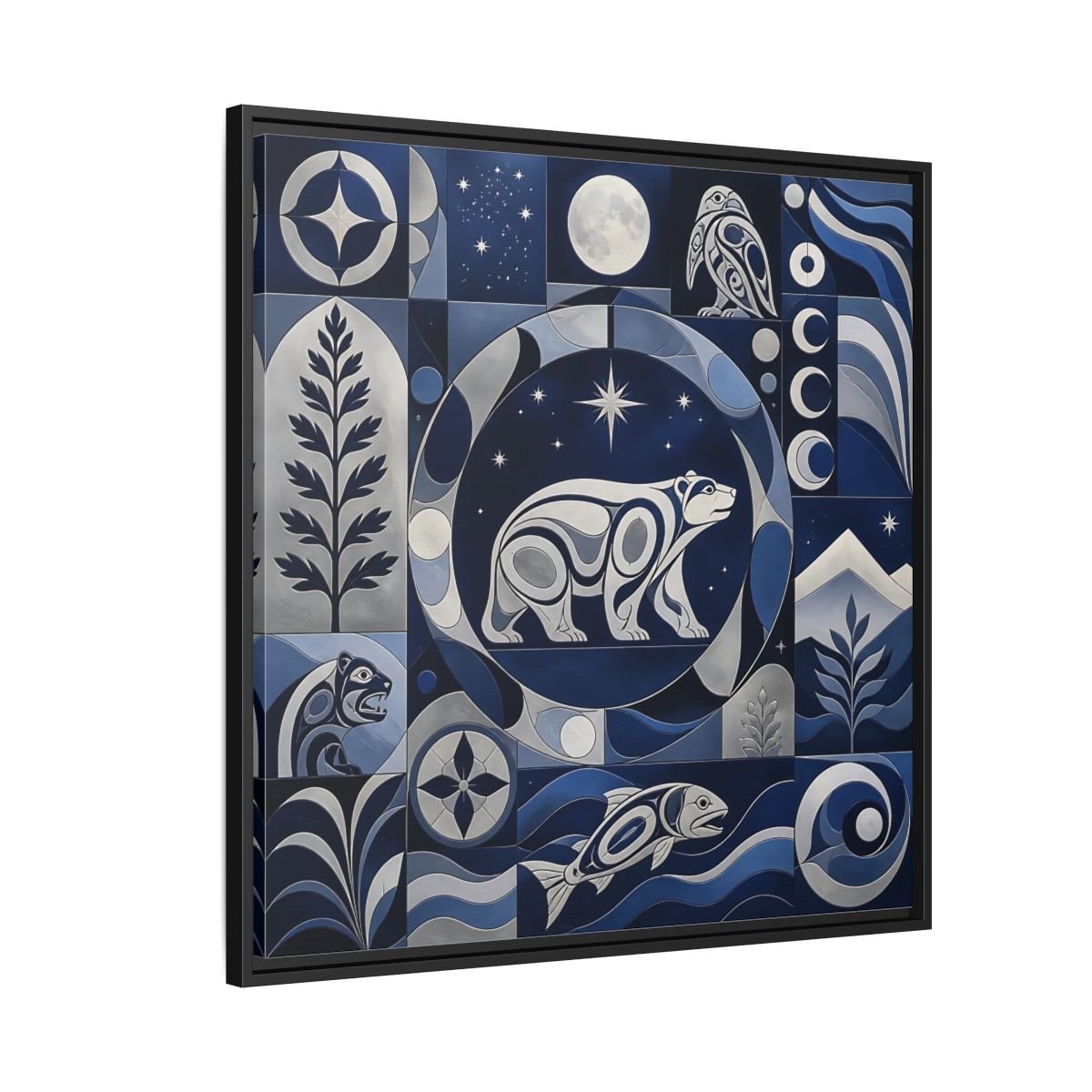 Nature Bear Blue And Silver Framed Canvas Print Wall Art – Living Room Decor, Above Fireplace - YesArtYes