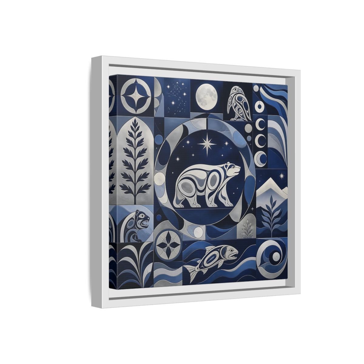 Nature Bear Blue And Silver Framed Canvas Print Wall Art – Living Room Decor, Above Fireplace - YesArtYes
