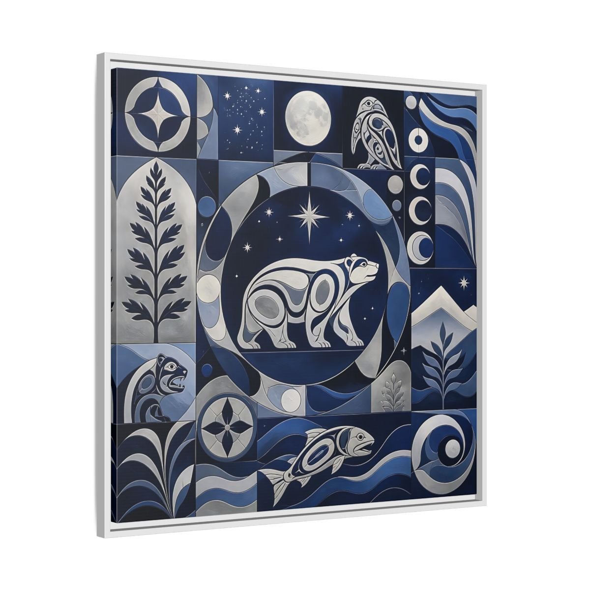 Nature Bear Blue And Silver Framed Canvas Print Wall Art – Living Room Decor, Above Fireplace - YesArtYes