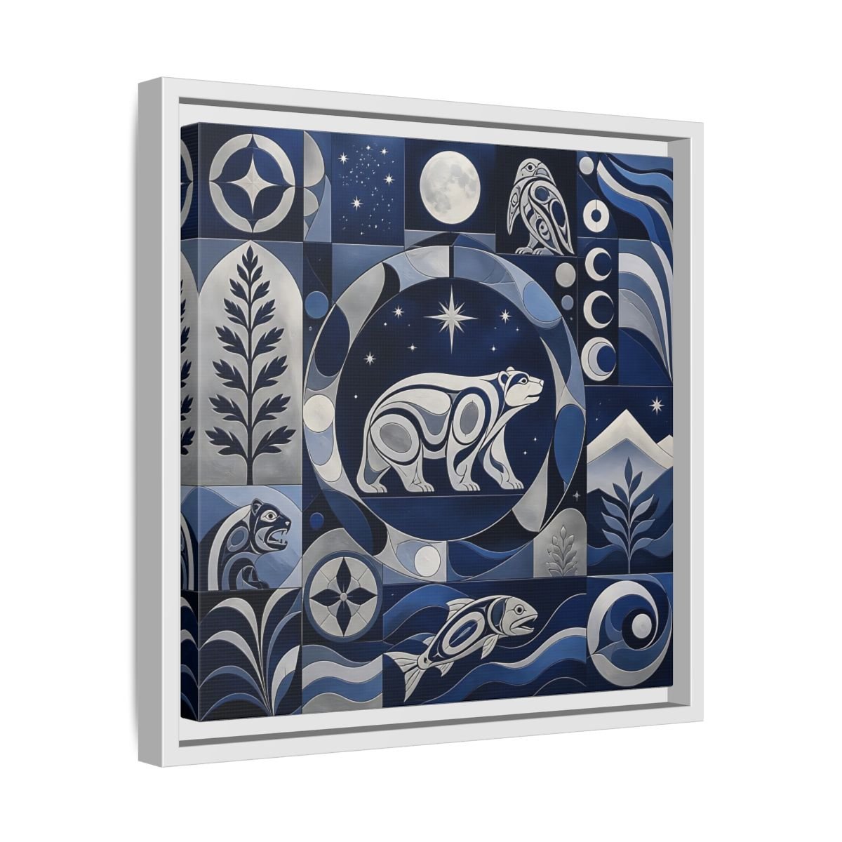 Nature Bear Blue And Silver Framed Canvas Print Wall Art – Living Room Decor, Above Fireplace - YesArtYes