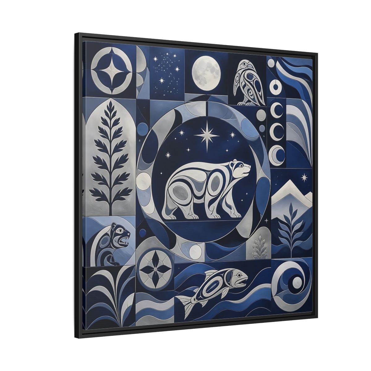 Nature Bear Blue And Silver Framed Canvas Print Wall Art – Living Room Decor, Above Fireplace - YesArtYes