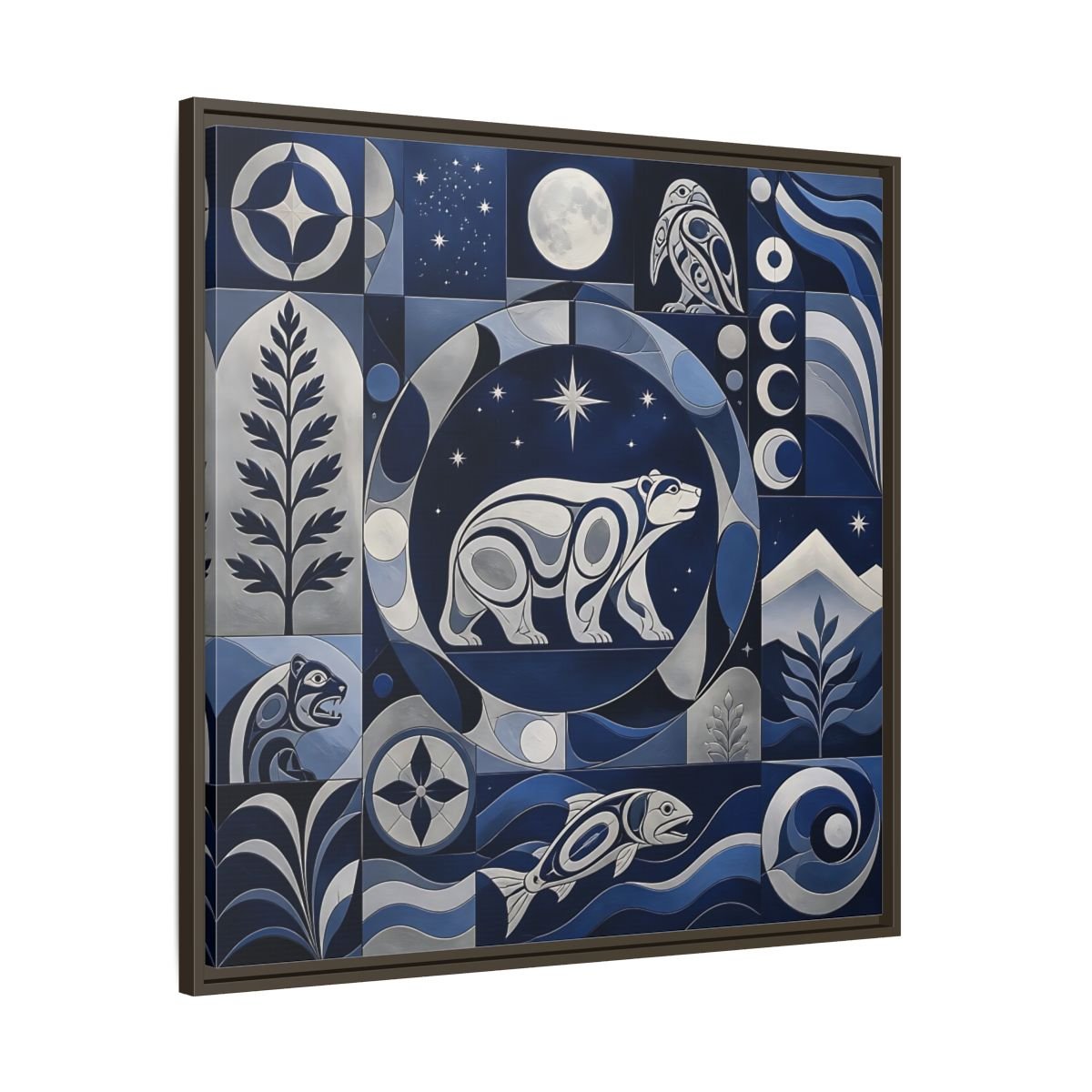 Nature Bear Blue And Silver Framed Canvas Print Wall Art – Living Room Decor, Above Fireplace - YesArtYes