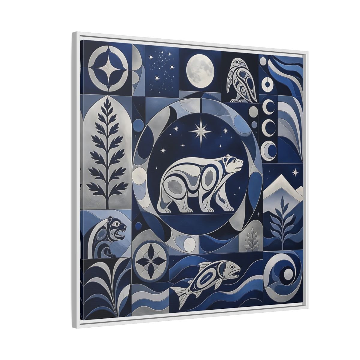 Nature Bear Blue And Silver Framed Canvas Print Wall Art – Living Room Decor, Above Fireplace - YesArtYes