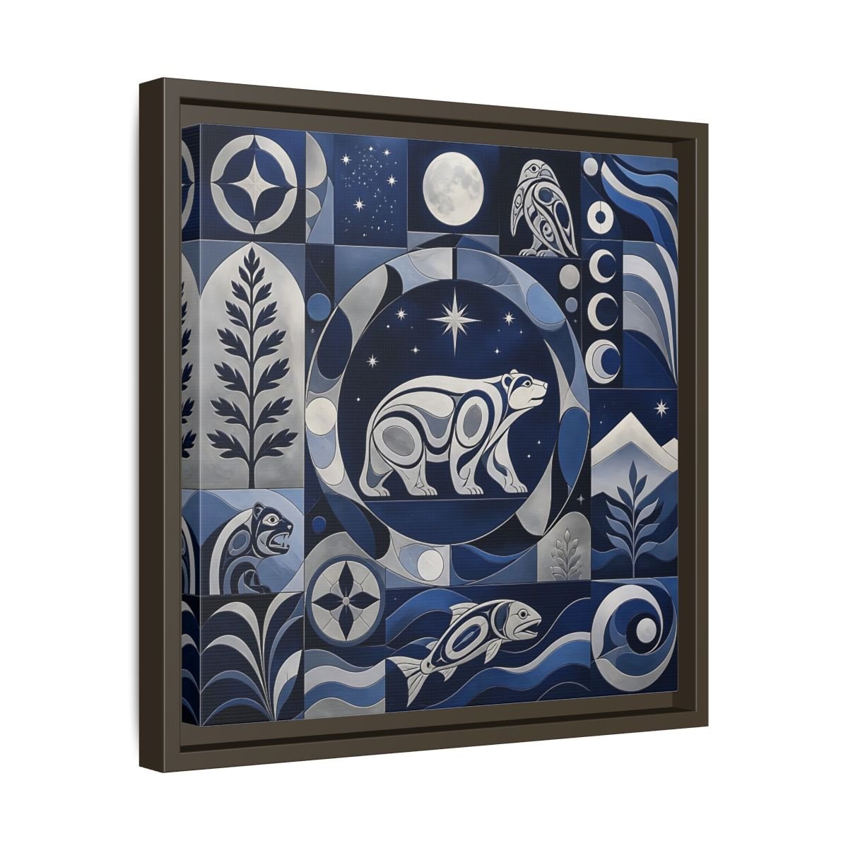 Nature Bear Blue And Silver Framed Canvas Print Wall Art – Living Room Decor, Above Fireplace - YesArtYes