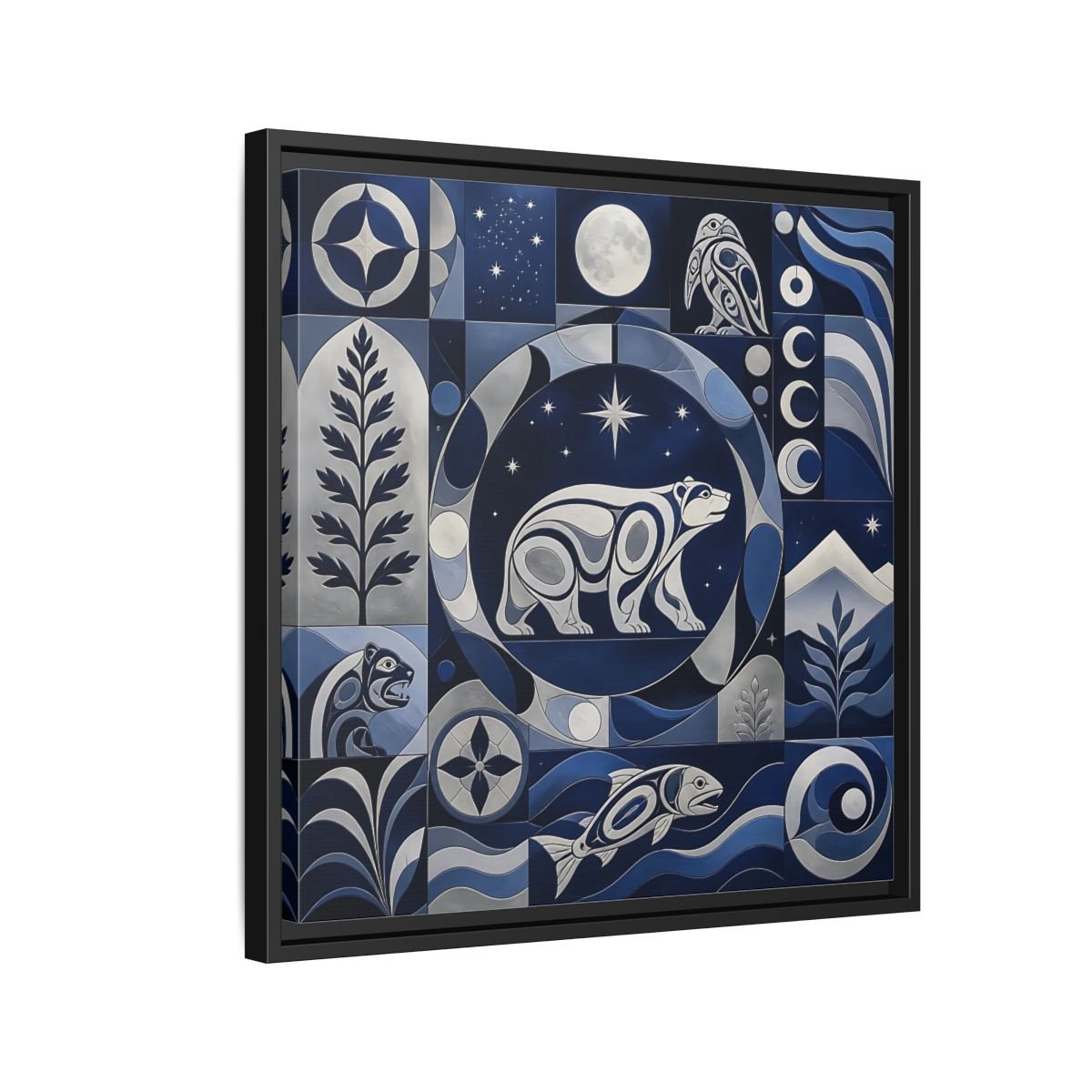 Nature Bear Blue And Silver Framed Canvas Print Wall Art – Living Room Decor, Above Fireplace - YesArtYes